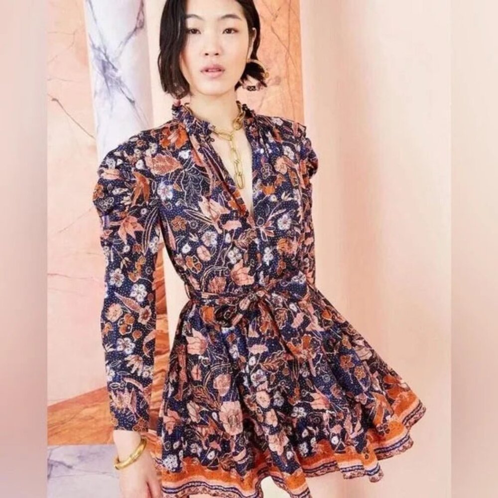 Ulla Johnson Navy and Orange Floral Mini Dress